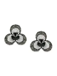 ANIKAS CREATION Black & Silver-Toned Floral Studs