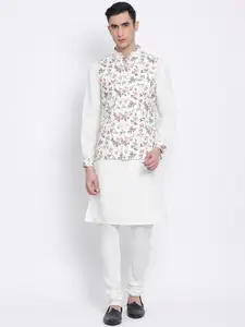 Sanwara Men Cream-Coloured Solid Kurta with Churidar & Nehru Jacket