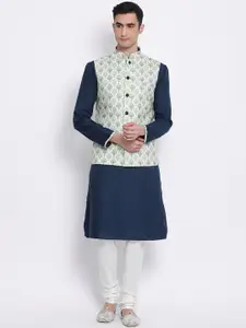 Sanwara Men Blue & White Solid Silk Kurta with Churidar & Nehru Jacket