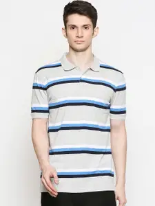 BYFORD by Pantaloons Men Grey Striped Slim Fit Polo Collar T-shirt