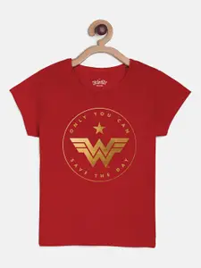 Kids Ville Girls Red & Gold Wonder Woman Printed Round Neck T-shirt