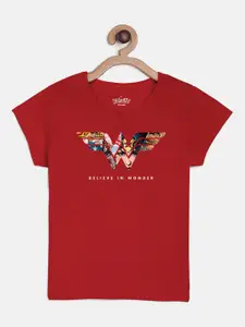Kids Ville Girls Red Wonder Woman Printed Round Neck Pure Cotton T-shirt