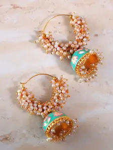 Crunchy Fashion Blue & Gold-Toned Contemporary Jhumkas