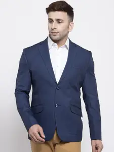 Wintage Men Blue Self Design Tailored-Fit Single-Breasted Blazer