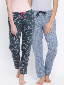 Kanvin Women Pack of 2 Green & Blue Printed Lounge Pants
