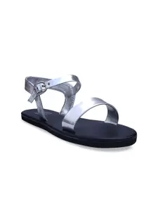 POSTCARD Women Silver-Toned Solid Open Toe Flats