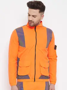 FUGAZEE Men Orange Colourblocked Reflective Strip Sporty Jacket