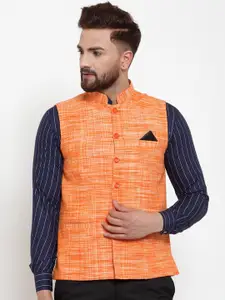 KLOTTHE Men Orange Woven Design Cotton Nehru Jacket