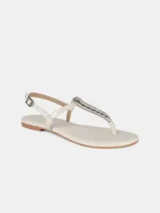 W W The Folksong Collection Women Off-White Embellished PU T-Strap Flats