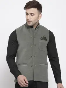 KLOTTHE Men Grey Woven-Design Double-Breasted Nehru Jacket