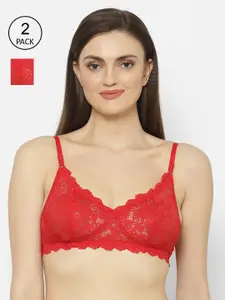 Floret Red Lace Non-Wired Non Padded T-shirt Bra Pack of 2