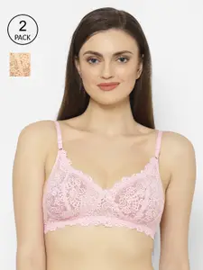 Floret Beige & Pink Lace Non-Wired Non Padded T-shirt Bra
