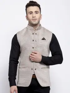 KLOTTHE Men Beige Woven Design Nehru Jacket
