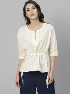 RAREISM Yellow & White Striped Batwing Sleeves Cinched Waist Top
