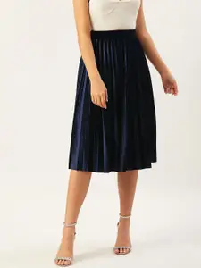 ANVI Be Yourself Women Navy Blue Solid Pleated A-Line Midi Skirt