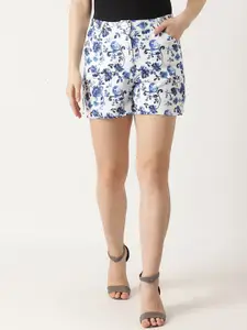 ZOELLA Women White & Blue Floral Print Slim Fit Regular Shorts