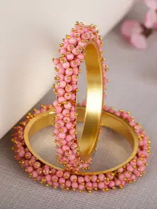 Shining Diva Set Of 2 Gold-Plated Pink Beaded Antique Bangles