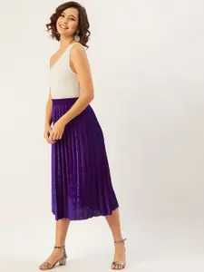 ANVI Be Yourself Women Purple Solid Pleated Midi-Length Flared Skirt