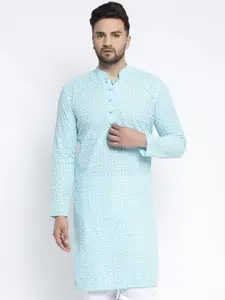 Jompers Men Turquoise Blue Woven Design Straight Kurta