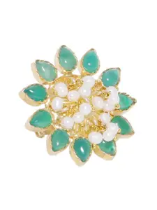 Silvermerc Designs Sterling Silver Gold-Plated Sea Green & White Onyx & Pearl-Studded Handcrafted Adjustable Finger Ring
