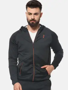 Campus Sutra Men Black Solid Hooded Sporty Jacket
