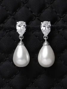 Clara Silver-Toned Rhodium-Plated 92.5 Sterling Silver Teardrop Shaped Drop Earrings