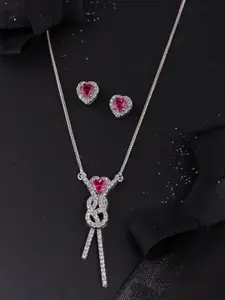 Voylla Silver-Plated Pink & White CZ Studded Love Knots Classic Heart Knot Pendant Jewellery Set