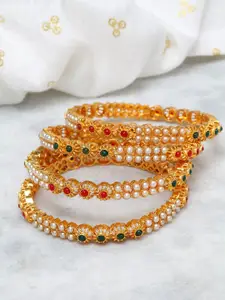 Shining Diva Set Of 4 Gold-Plated White & Red Stone & Pearl Studded Bangles