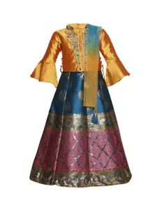 BETTY Girls Mustard Yellow & Blue Embroidered Ready to Wear Lehenga & Blouse with Dupatta