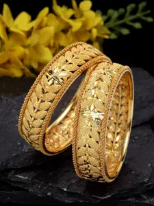 Shining Diva Set Of 2 Gold Plated Gold Toned Antique Bangles