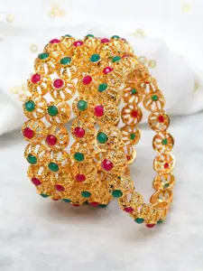 Shining Diva Set of 4 Gold-Plated Green & Red Stone-Studded Bangles