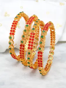 Shining Diva Set Of 4 Gold-Plated Red & Green Crystal-Studded Antique Bangles