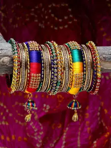 Shining Diva Set of 18 Gold-Plated Yellow & Red Stone-Studded Antique Bangles