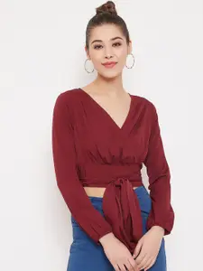 Berrylush Women Maroon Solid Wrap Crop Top