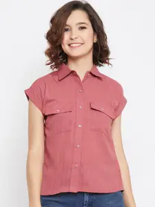 Imfashini Women Peach-Coloured Solid Shirt Style Top