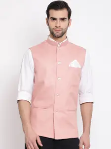 VASTRAMAY Men Peach Coloured Woven Design Nehru Jacket