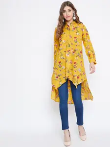 Berrylush Women Yellow Floral Printed Mandarin Collar Crepe Shirt Style Longline Top