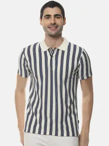 Campus Sutra Men Off-White Striped High Neck T-shirt