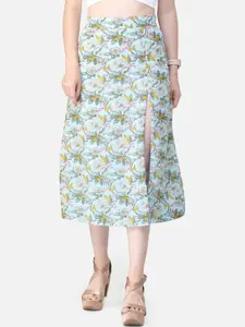 SCORPIUS Women Blue & Yellow Floral Print Straight Midi Skirt