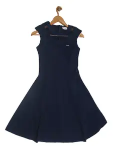 Peppermint Girls Navy Blue Solid Fit and Flare Dress
