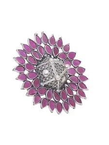 Silvermerc Designs Sterling Silver Silver-Toned & Pink Kundan Studded Handcrafted Finger Ring