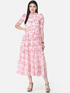 SCORPIUS Women Pink Floral Printed Fit and Flare Tiered Midi Dress