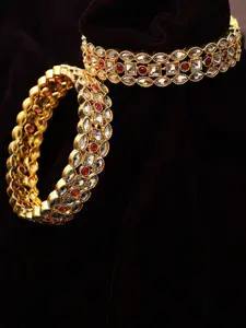 Adwitiya Collection Set Of 2 24 CT Gold-Plated White & Red Stone Studded Handcrafted Bangles