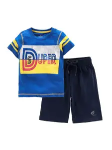 KiddoPanti Boys Yellow & Navy Blue Printed T-shirt with Shorts