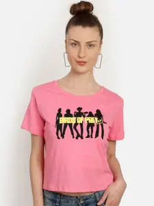 Free Authority Women Pink & Black Birds Of Prey Printed T-shirt