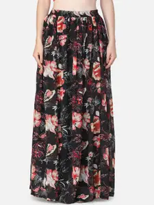 SCORPIUS Women Black & Red Floral Printed Pleated Flared Maxi Skirt
