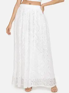 SCORPIUS Women White Lace Net Maxi Skirt