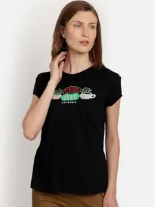 Free Authority Women Black & Green Friends Printed Round Neck T-shirt
