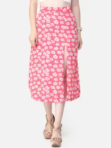 SCORPIUS Pink & Off-White Printed Straight Midi Skirt