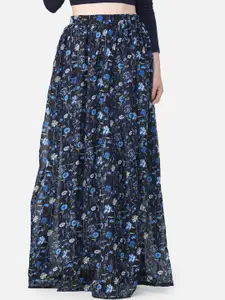 SCORPIUS Women Black & Blue Floral Print Flared Maxi Skirt